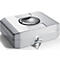 Grey, square box with a round knob, and a keyhole, keys inserted.