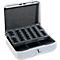 Open, silver coin case with sorting compartments for euro coins.