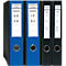 Three ring binders are side by side, two blue and two black. The labels show "Invoices" and "Export".