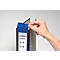Hand reaching for a blue file folder label with 'Invoices'.