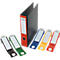 Black folder with a red spine, next to it colorful labeling strips. Labels with white field to fill.