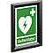 Groen defibrillatorschild met een wit hart en bliksemschicht in een zwart klikframe.