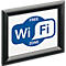 Zwarte posterlijst met witte inzet, toont een blauw Free Wi-Fi Zone logo.