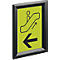 Zwarte kliklijst met geel bord en zwart pictogram van een roltrap omhoog met pijl naar links.