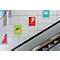 Werbung mit Schildern, darunter 'Super Sale' und 'Weekend Sale' an einer Wand neben einer Rolltreppe.