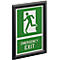 Rechthoekig nooduitgangbord met wit pictogram op een groene achtergrond en Engelse tekst in een zwart frame.
