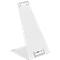 White metal tablet or book stand. A bracket with the brand name is on the base.