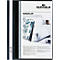 Black folder with transparent sheets. Printed text: Durable Duraplus. Open pages show a text template.