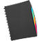 Black ring binder with colorful tabs.