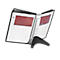An open presentation book on a stand, with white pages and red leaves. Black and white color scheme.