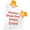 Graphic with text displaying "Glasklar", "Glass clear", "Cristal" in German, English, and Spanish, with arrows.