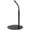 Black table microphone with round base and flexible gooseneck.