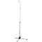 Black, three-legged microphone stand, curved. The height can be adjusted by a mechanism.
