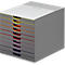 Gray stackable box with colored drawers, yellow, orange, red, purple. White lid.
