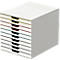 White, stackable filing system with colored drawers. The drawers on top are yellow, red, turquoise, and black.