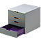 Grey drawer tower, one drawer open. Each drawer has a coloured stripe: yellow, orange, red. Opened drawer purple.