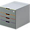 Gray filing cabinet with four drawers. The handle strips are yellow, orange, red and purple. The cabinet has a lock.