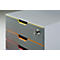 Grey filing cabinet with colorful accents, a key is in the lock.