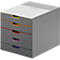 Gray drawer box with colored handles, yellow, orange, red, purple, blue.