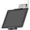 Gray tablet in wall mount. Silver holder, dark gray frame. Tablet angled downwards.