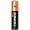 Eine Duracell-Batterie. Der obere Teil ist kupferfarben mit einem schwarzen Pluszeichen, der untere Teil ist schwarz, mit weisser Schrift.