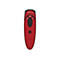Roter Barcode-Scanner mit schwarzer Oberfläche, Markenname oben, Tasten und Anzeigen.