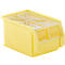 Yellow plastic box with multiple compartments. The box is slightly angled to better see the contents.