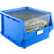 Blue storage box, partially transparent, with contents.