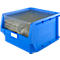 Blue storage box with transparent flap, filled with packaged items. Inscription: "GEISOWATER".