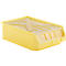 Yellow angled plastic box with transparent lid reinforced by cross struts. View of the front with four subdivisions.