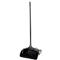 Black dustpan with long handle and hanging loop.