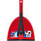Red dustpan with red brush, black brush, product description. Vileda.