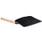 Black dustpan with wooden handle, angled from top left.