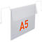Transparante displayhouder met A5-opschrift. Twee metalen haken om op te hangen.