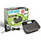 Dymo LabelManager Executive 360D. Beschriftungsgerät mit Etikettenrolle, Karton und Kabel.