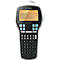 Top view of a black DYMO label maker with keyboard, display, and label tape.