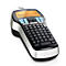 A black and silver label maker with keyboard and display, displaying the label LM420.