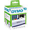 Dymo labels in packaging. Box in green and white. Label with size indication. Printed text, rolls in the background.