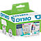 A green DYMO label maker box shows a roll label, dimensions, and examples of use.