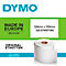 A white label roll, surrounded by a green background with DYMO logo and text like "Made in Europe".