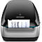 Dymo label printer. The device is black and silver and prints a label with text.