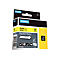 Dymo Industriebandkassette, 12 mm breit, schwarzer Text auf gelbem Nylonband, in Originalverpackung.