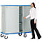 Woman opening a cabinet cart on wheels. Cabinet silver with blue details, woman smiling.