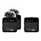 Zwei schwarze MyStudio Wireless Mic Duo Sender mit Fellwindschutz und ein Empfänger vor weißem Hintergrund.
