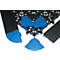 Schwarze Bodenfliesen mit blauen Eckstücken, Details.