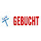 Logo with blue cross and red lettering GEBUCHT.
