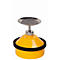 Yellow kitchen utensil with sieve and spring. Black rubber ring on the lower part. On a white background.