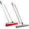 Broom and squeegee, metal handles, red bristles, wiper blade.