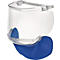 Visière de protection en plastique avec mentonnière bleue et bandeau réglable.