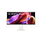 Écran LG UltraFine Display avec un fond d'écran abstrait et coloré sur un pied clair.